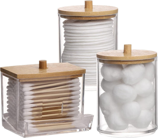 Tbestmax Cotton Swab Holder - Stylish Apothecary Jar Organizer with Wood Lid | 10/7 Oz Capacity