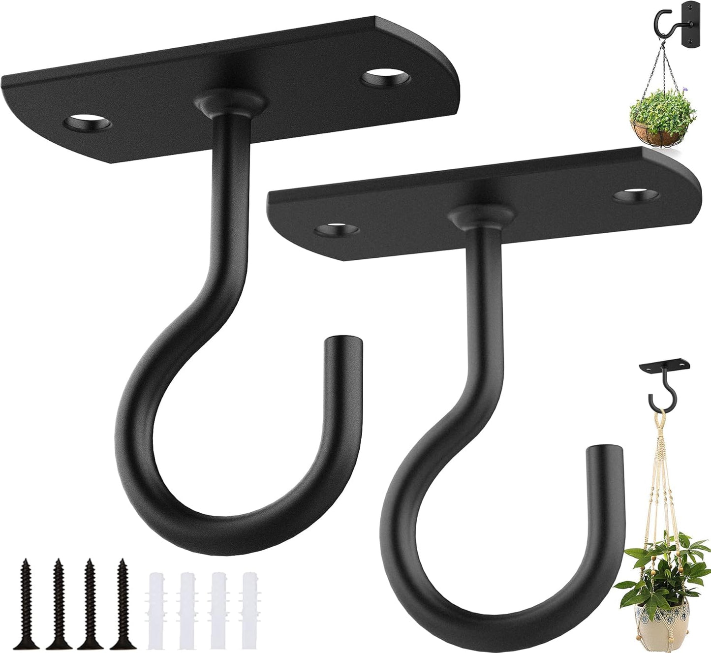 Skiennix Ceiling Hooks - 2-Pack 2.5-Inch Wall Hooks for Hanging Plants, Lights & Lanterns | Black