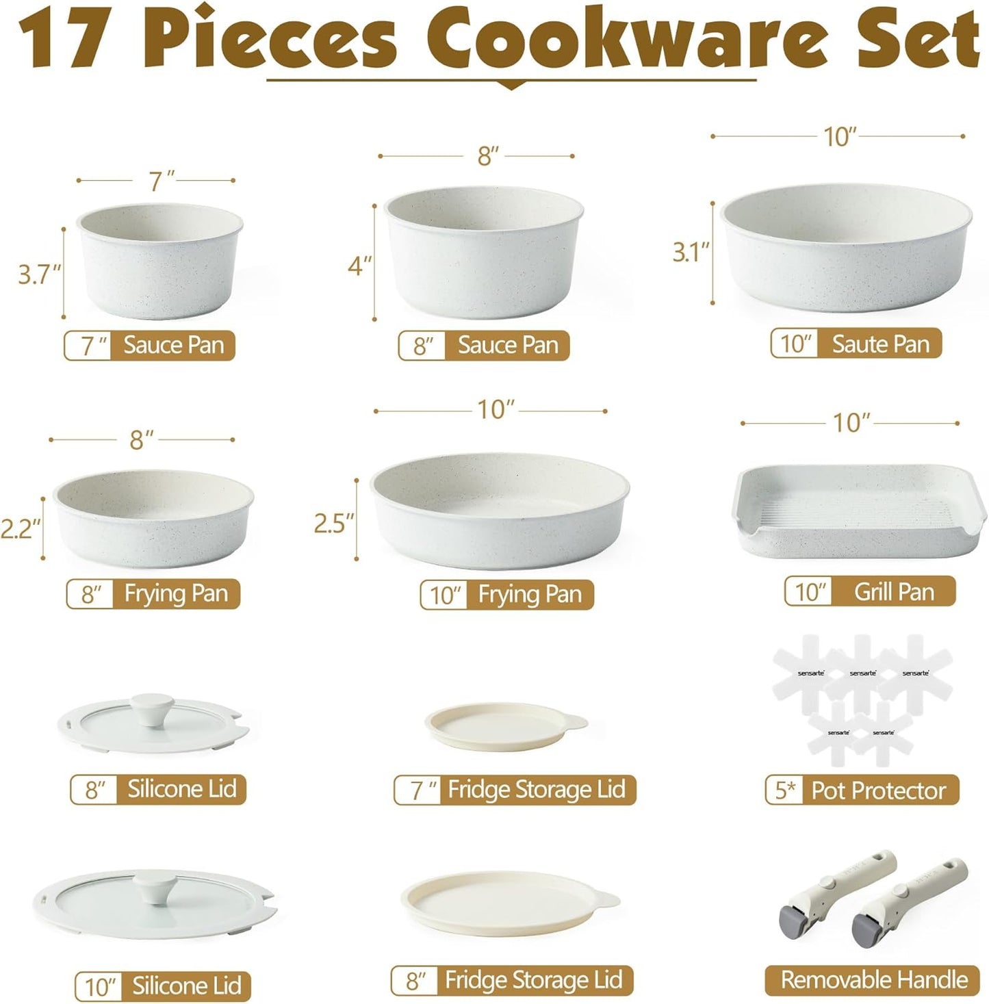 SENSARTE 17-Piece Nonstick Cookware Set - Induction Ready with Detachable Handles | PFOA Free, Dishwasher & Oven Safe (White)