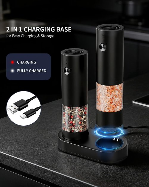 CIRCLE JOY Electric Salt and Pepper Grinder Set - Rechargeable Automatic Mill with LED Light & Adjustable Coarseness | 140ml Capacity