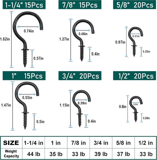EIENHOSHI Screw Hooks - 105 Pcs in 6 Sizes for Versatile Hanging | Black Metal Cup Hooks (1/2" to 1-1/4")