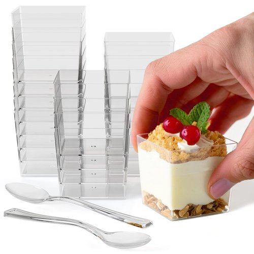 Exquisite Mini Dessert Cups With Spoons 400 Pcs - 3.6 Oz Square Plastic Dessert Cups Disposable With Tasting Spoons 200 Sets | Mini Parfait | Appetizers For Party