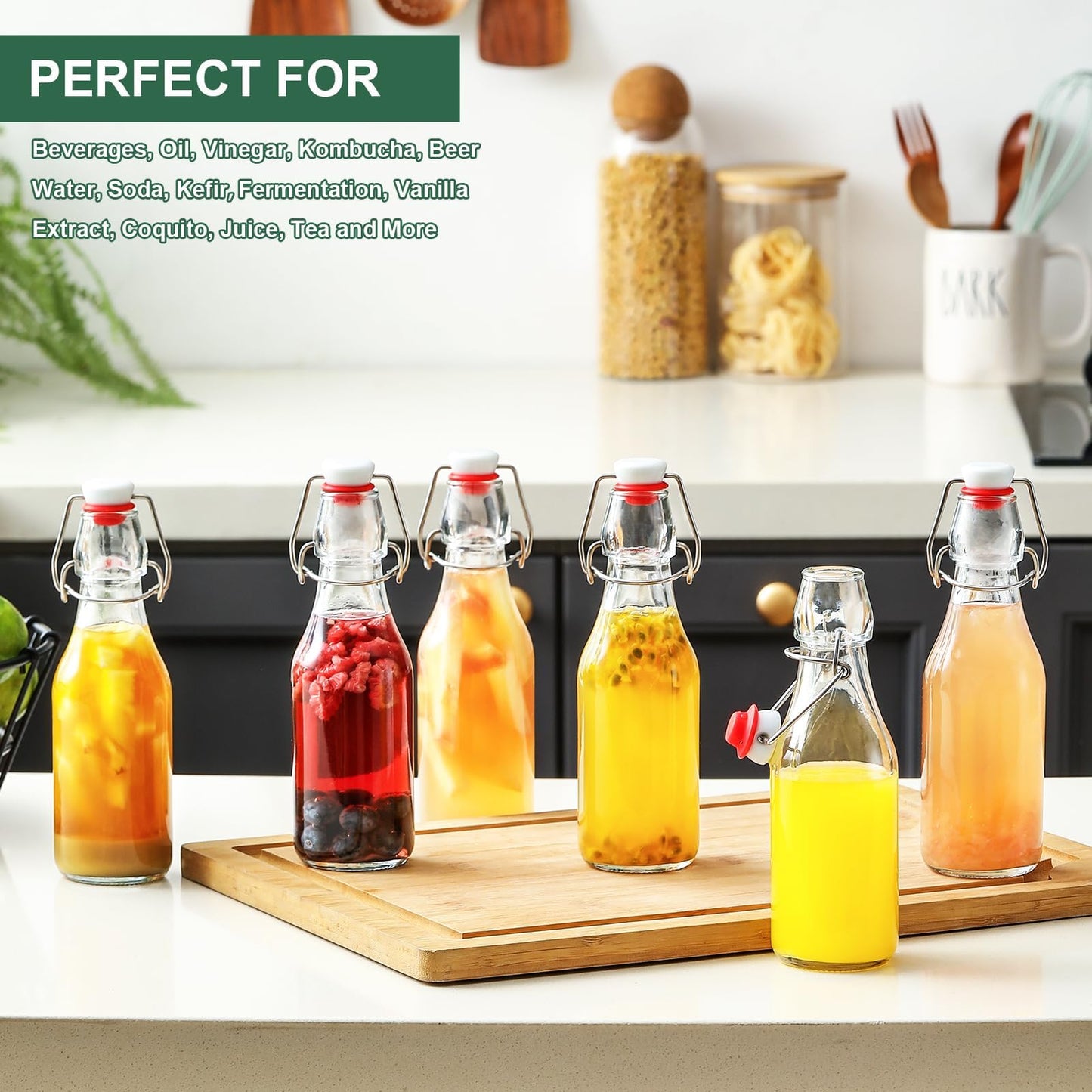 16 Pack 8.5oz Flip Top Glass Bottles, Swing Top Beer Brewing Bottle for 2nd Fermentation, Kombucha, Kefir, Vanilla Extract, Coquito, Juice, Tea - Airtight Stopper Cap Lid, Bonus 4 Bottle Pourers