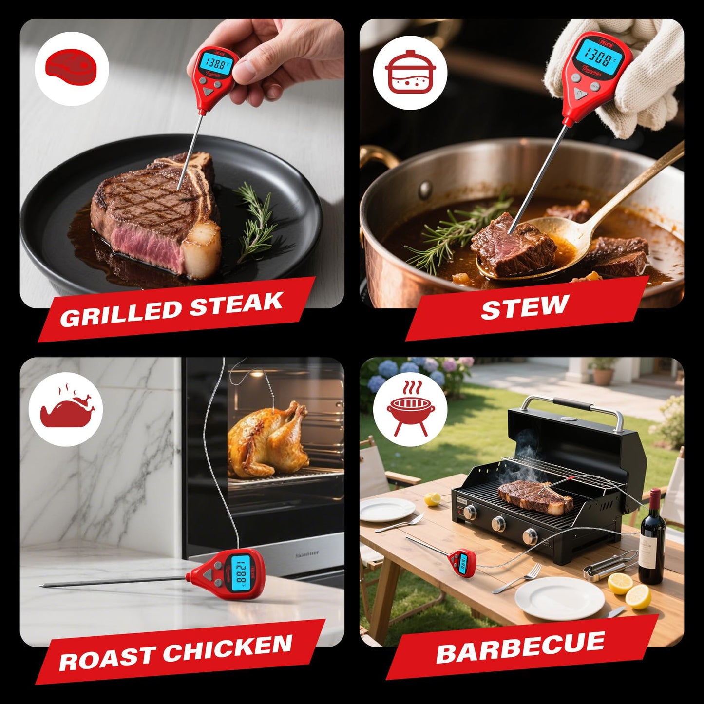 AWLKIM Digital Meat Thermometer with 40-Inch Leave-in External Probe, Rechargeable Instant Read Food Thermometer for Grill BBQ Smoker Oven Kitchen, IP67 Waterproof, Audible Alarm & Hold Function