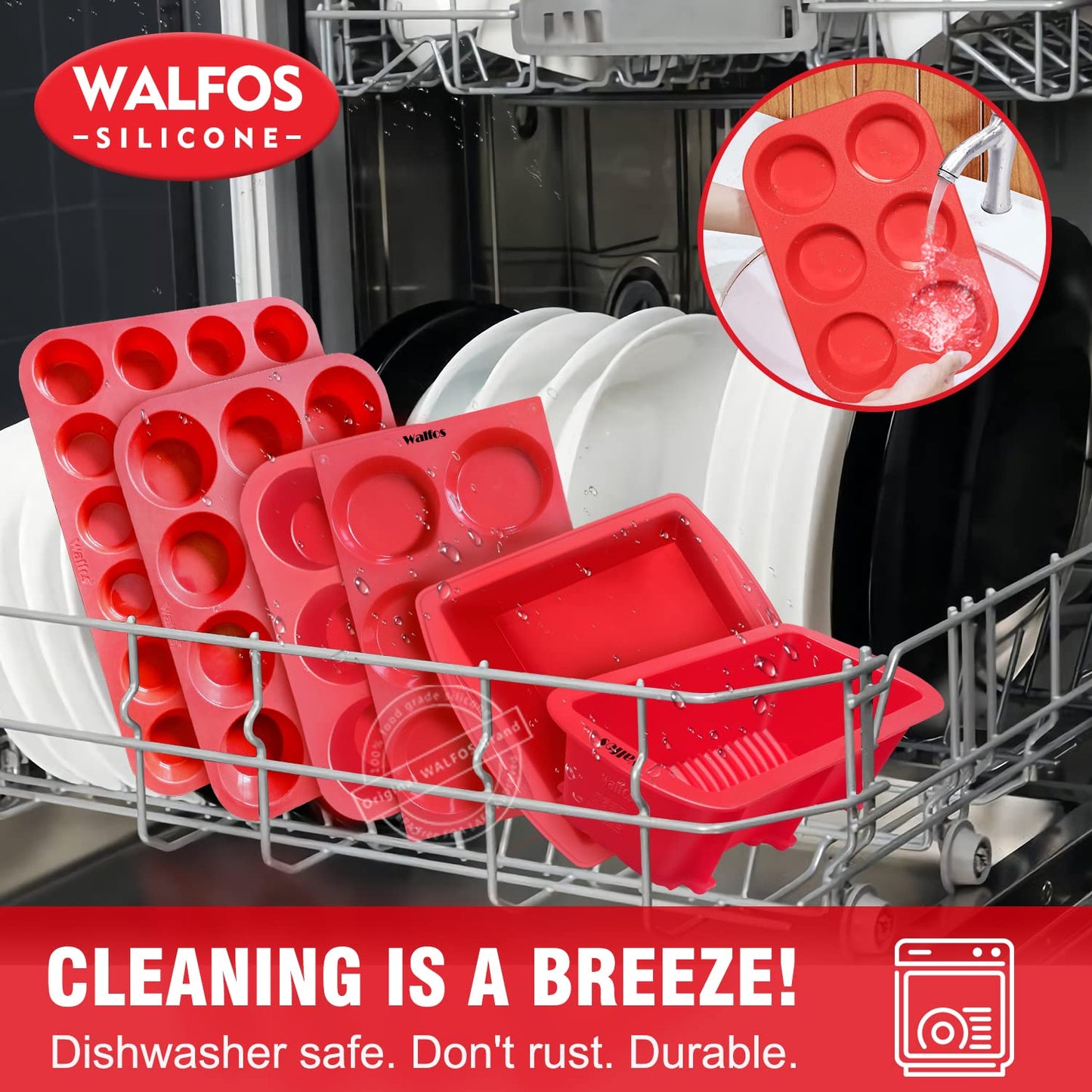 Walfos Silicone Muffin Pan - 6 Cup Non-Stick Silicone Cupcake Pan, Just PoP Out! Food Grade and BPA Free Baking Cups, Perfect for Egg Muffin, Cupcake, Dishwasher Safe (2 Pack Muffin Pan)