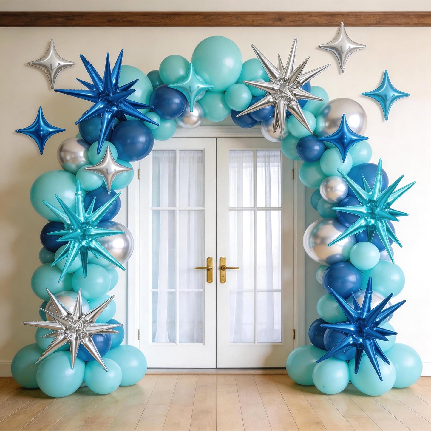 Blue Silver Star Balloons Kit with 6pcs 22in Cone Foil Balloons and 10pcs 10in Four Pointed Star Balloons for Birthday Anniversary Disco Party Decorations