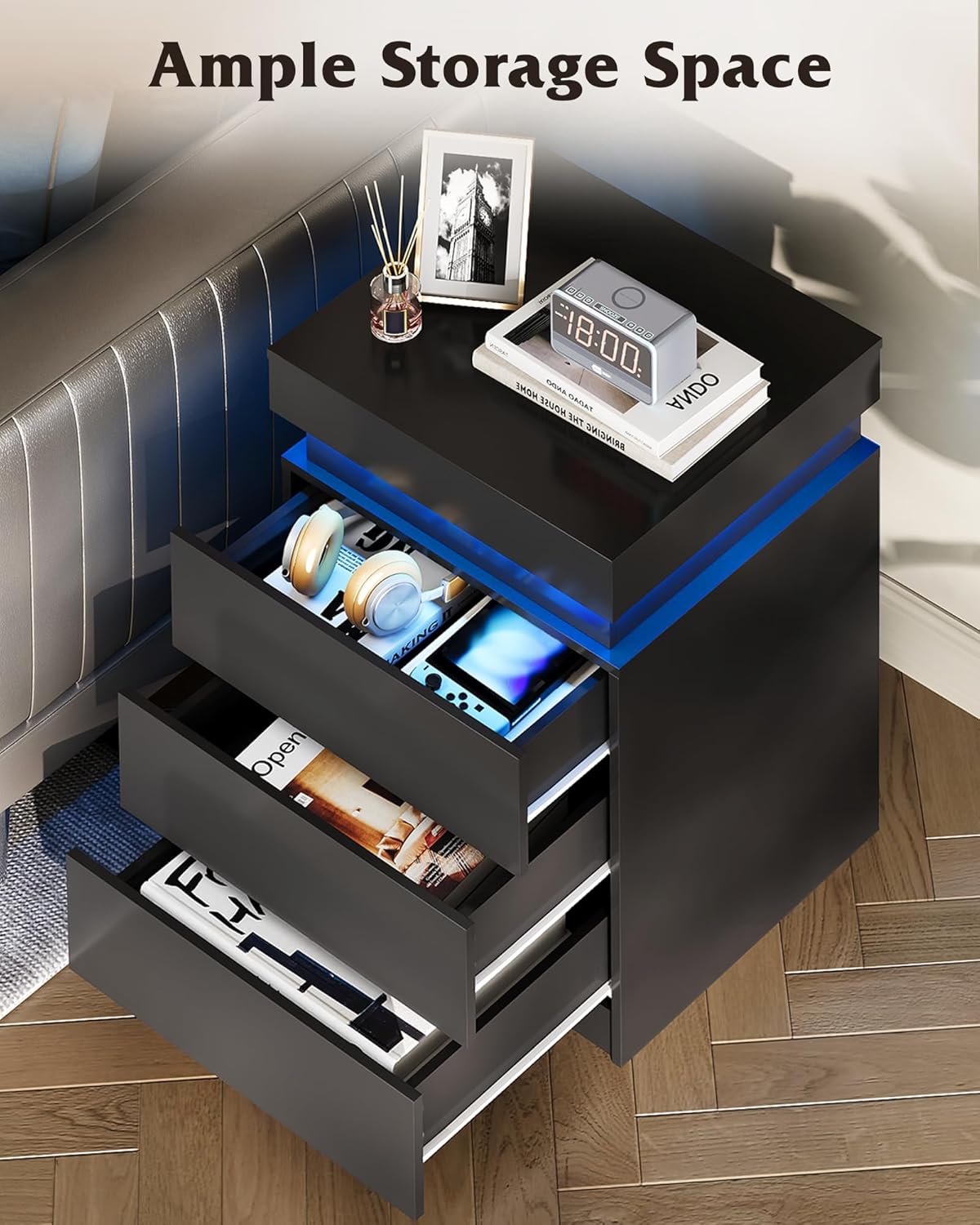 WLIVE Black Nightstand - Modern Bedside Table with Charging Station & LED Lights, 3 Drawers