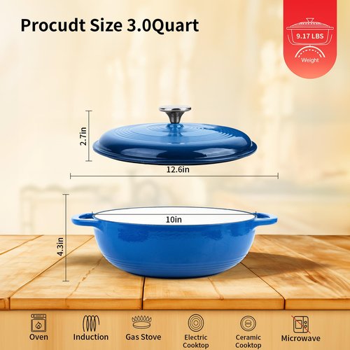 Enameled Cast Iron Braiser, 3 Quart Enameled Cast Iron Skillet with Lid, Oven Safe up to 500° F or on Stovetop, Suitable for Marinate, Cook, Bake, Refrigerate and Serve, Blue