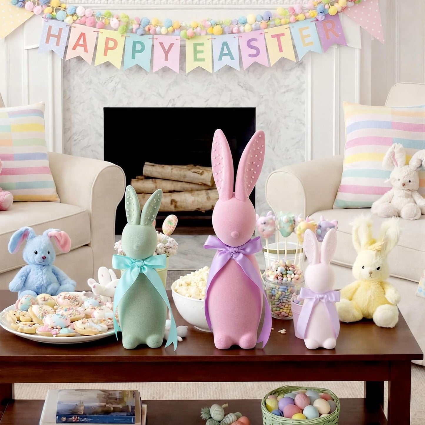 Wesiti Flocked Bunny Easter Decorations - 3 Pack Pastel Bow Table Centerpieces (8", 10", 12")