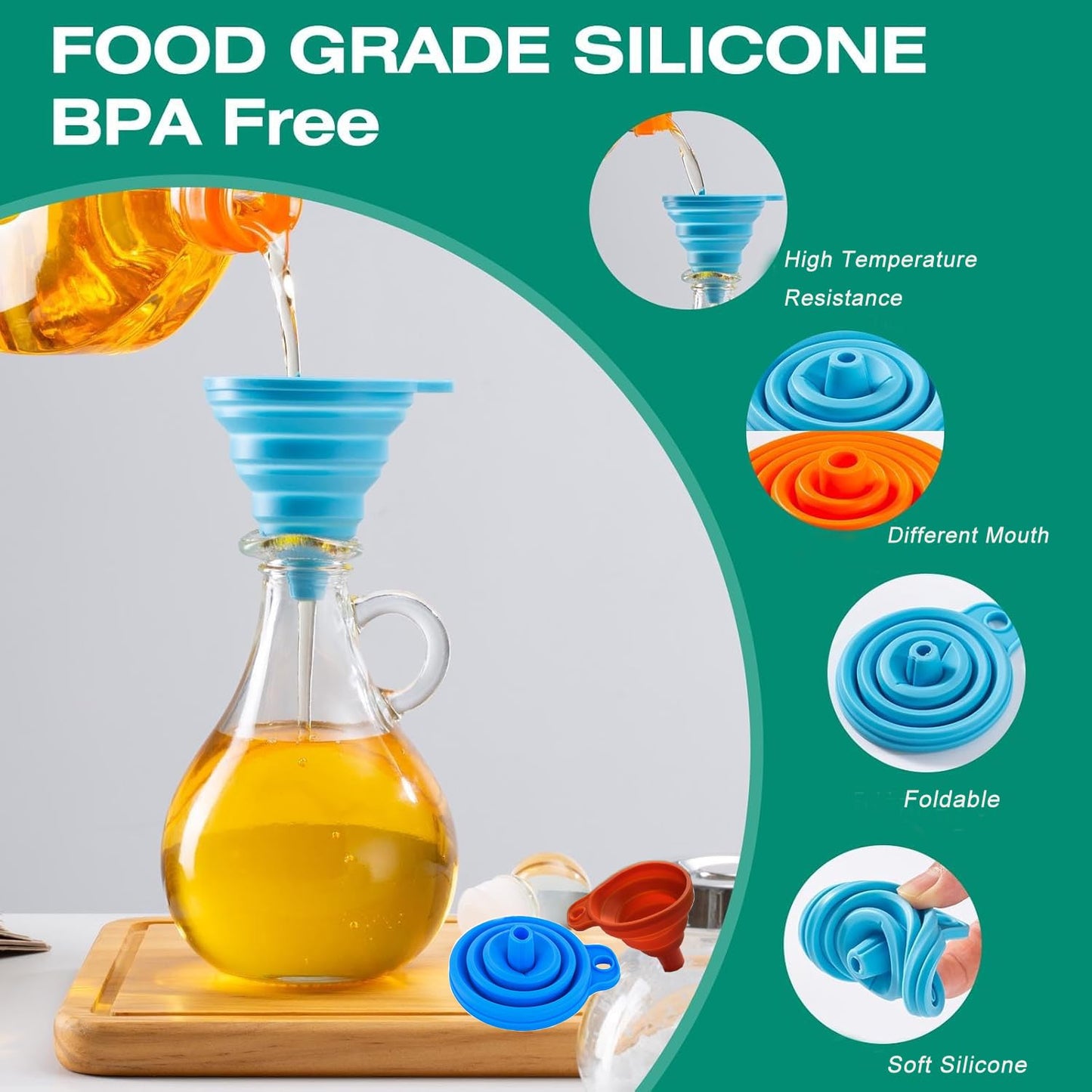 Skiennix Kitchen Funnel Set - 6-Piece Silicone Collapsible Funnels for Easy Liquid & Powder Transfer