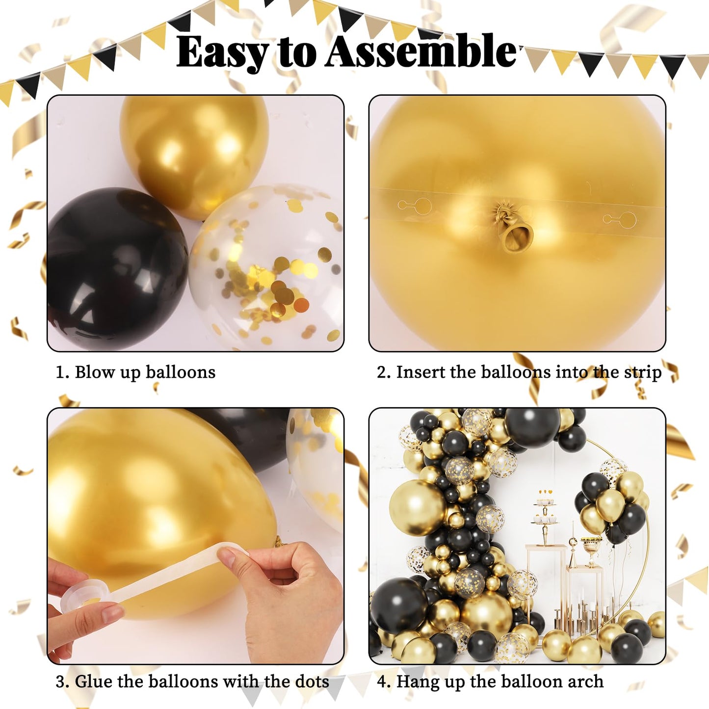 RUBFAC Black and Gold Balloons, 2026 Graduation Decorations 130pcs Black Metal Gold and Metallic Confetti Balloons Arch Kit for Class Decorations Retirement Party Wedding Birthday Anniversary