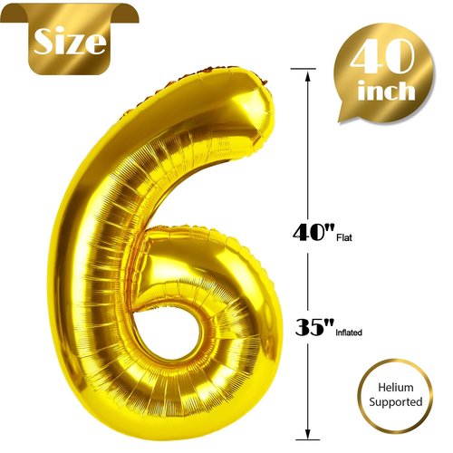 Gold Number 6 Balloon 40 Inch, 6th Birthday Party Decorations for Children, Giant 6 Foil Balloon for Party Supplies