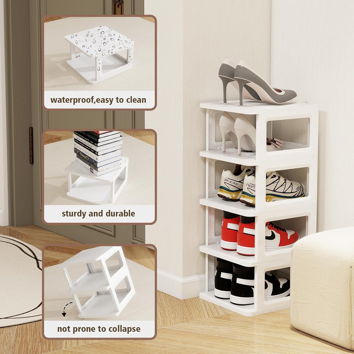 SEE SPRING 5-Tier Stackable Shoe Rack Organizer - Durable Plastic Storage Shelf for Entryway & Closet, Fits Size 13 Shoes (White)