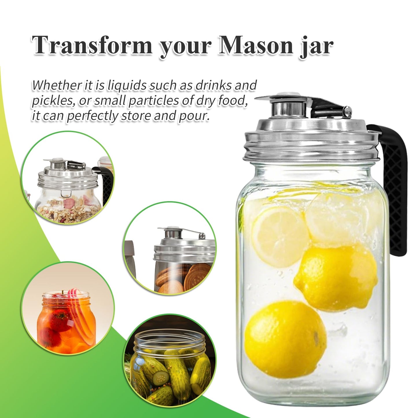 2PCS Mason Jar Pour Spout Lid Stainless Steel with Handle,Wide Mouth Pour Spout Flip Cap Lids for Mason Jars, Reusable Mason Jars Lid,Leak Proof Seal, for Drinking Salad Dressing & Food