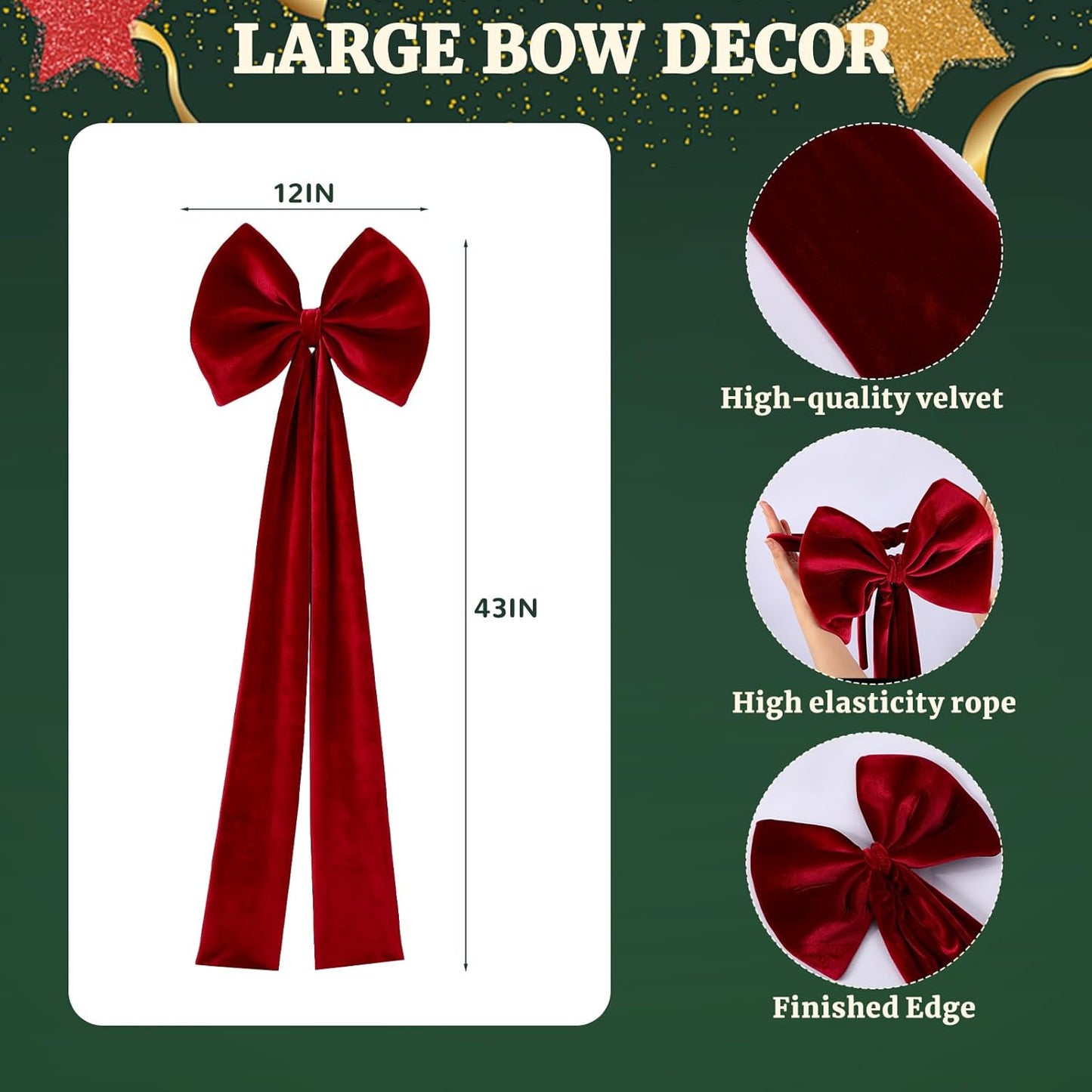 Suncalla Velvet Chair Bows - 4 Pcs Red & Green 12 x 43 Inch Elegant Sashes for Weddings & Parties