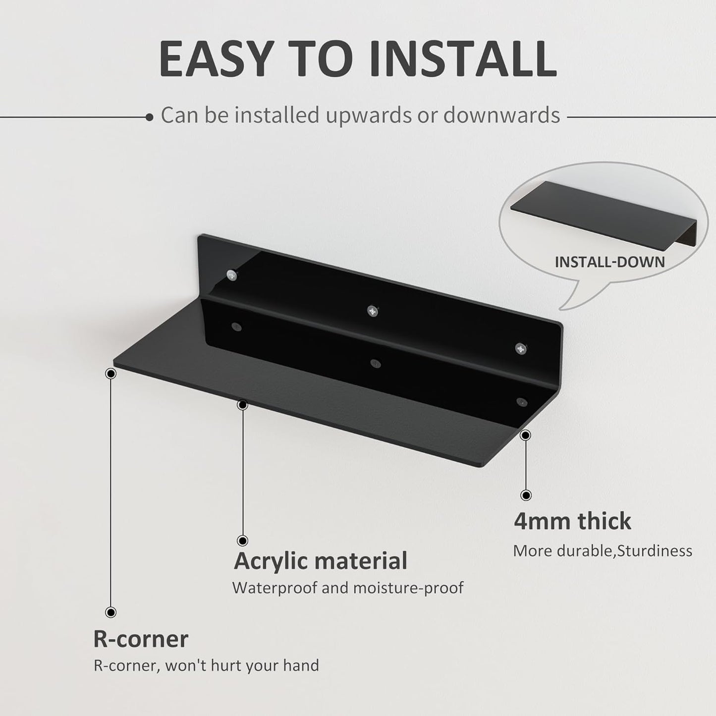 Perspex 15-Inch Black Acrylic Wall Shelves - 4 Pack for Stylish Home Décor & Space Saving