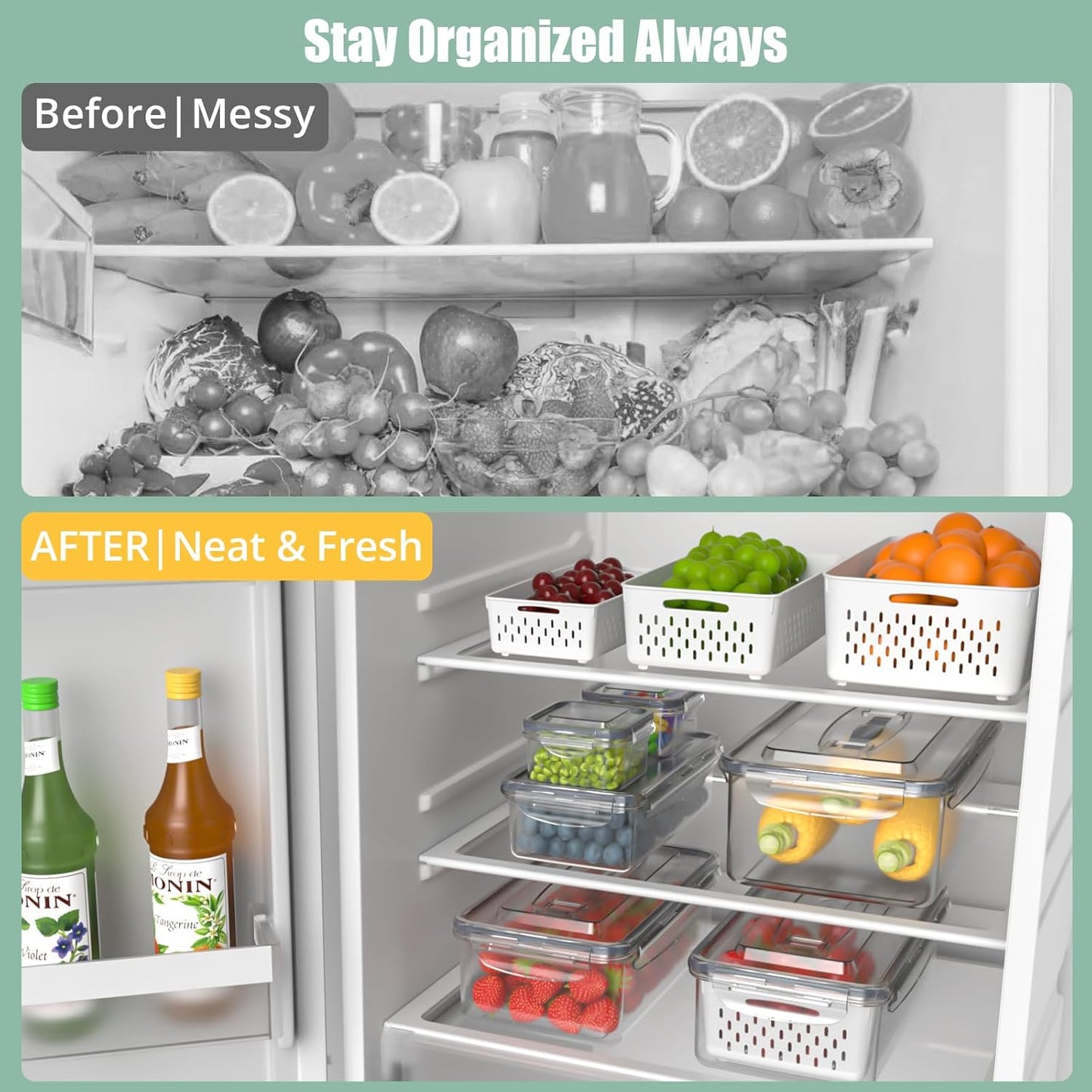Skiennix Fruit Storage Containers - 5 Pcs Airtight Fridge Organizers with Removable Colander & Handle Lid