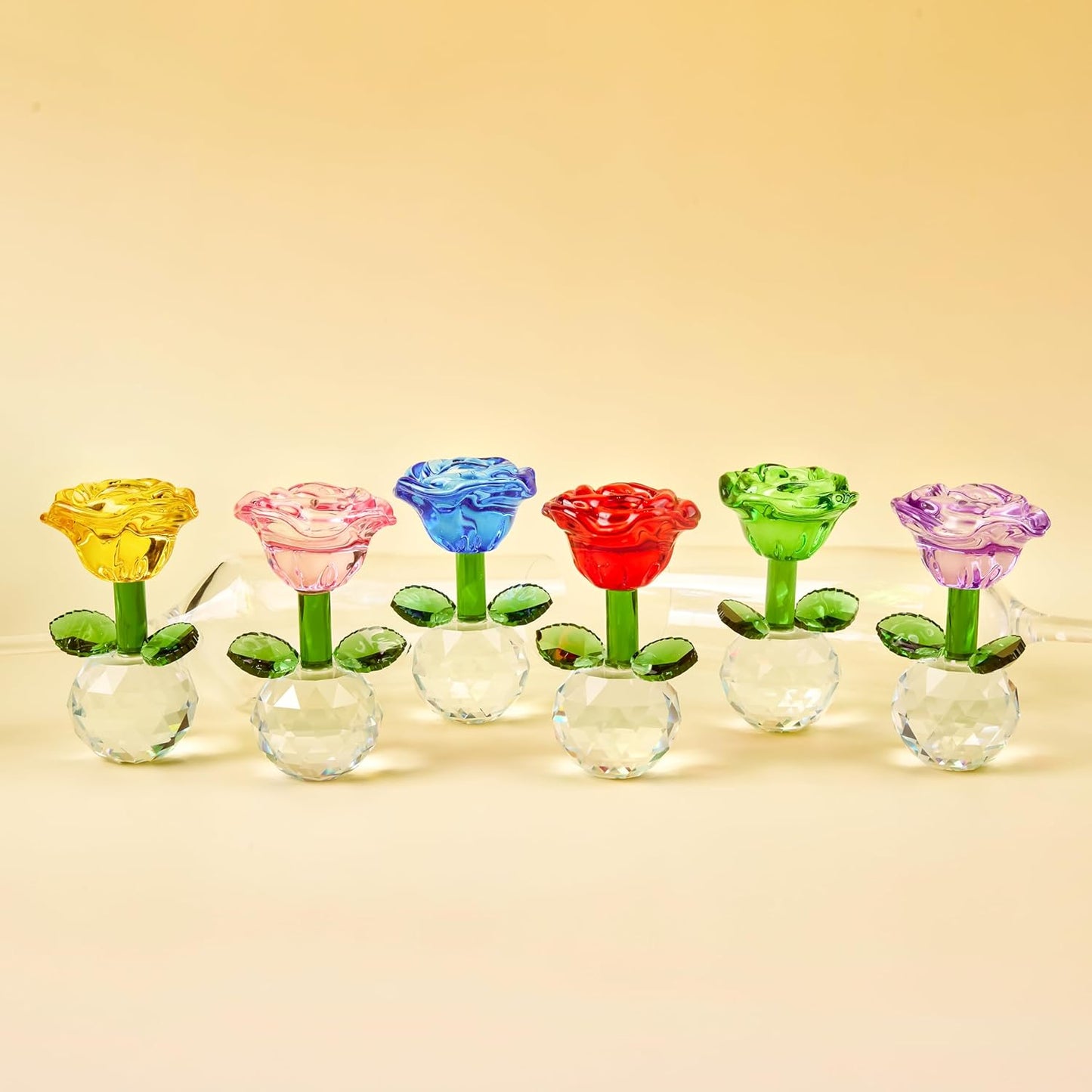 Regine Switzerland Crystal Glass Rose Flowers Figurines - Colorful Blown Glass Decor | Set of 6, 3.5in