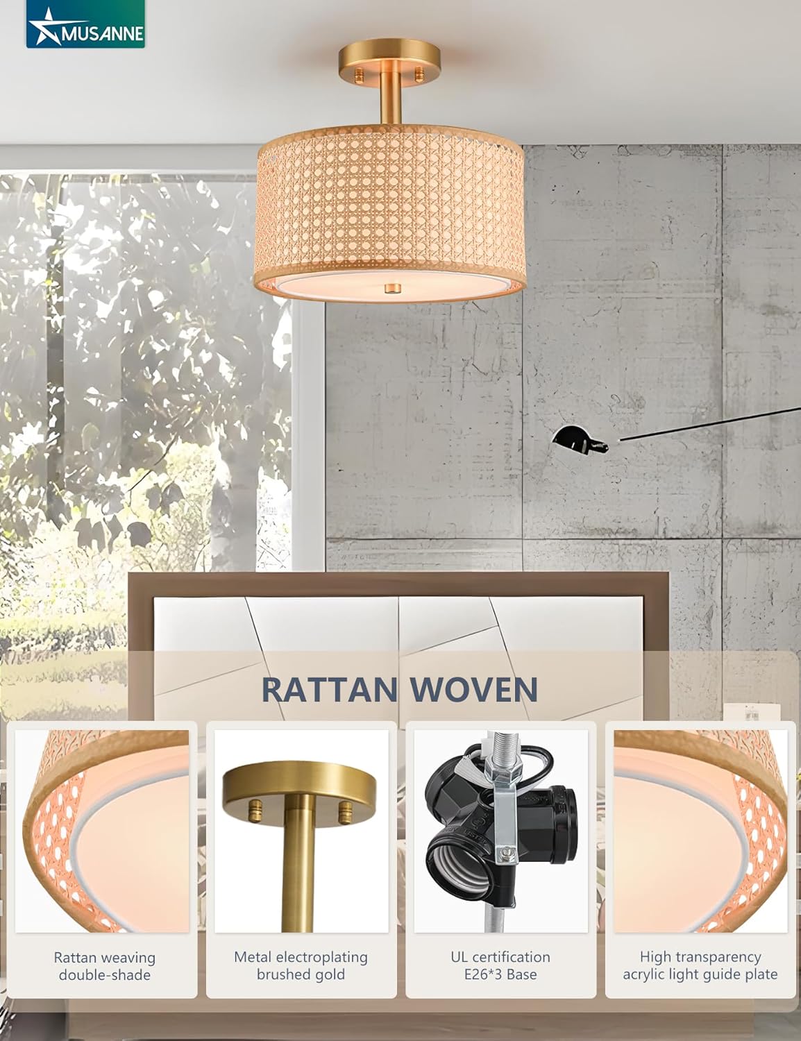 Semi flush mount ceiling light fixture for bedroom,Rattan & Fabric Double Drum Shade nursery Ceiling Light,Modern Close to Gold Ceiling Light Fixture for Entry Living Room Hallway Kitchen 3-Light