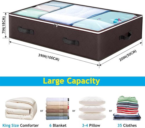 Budding Joy 6-Pack 90L Underbed Storage Containers - Large Capacity Foldable Bins with Clear Window | Brown