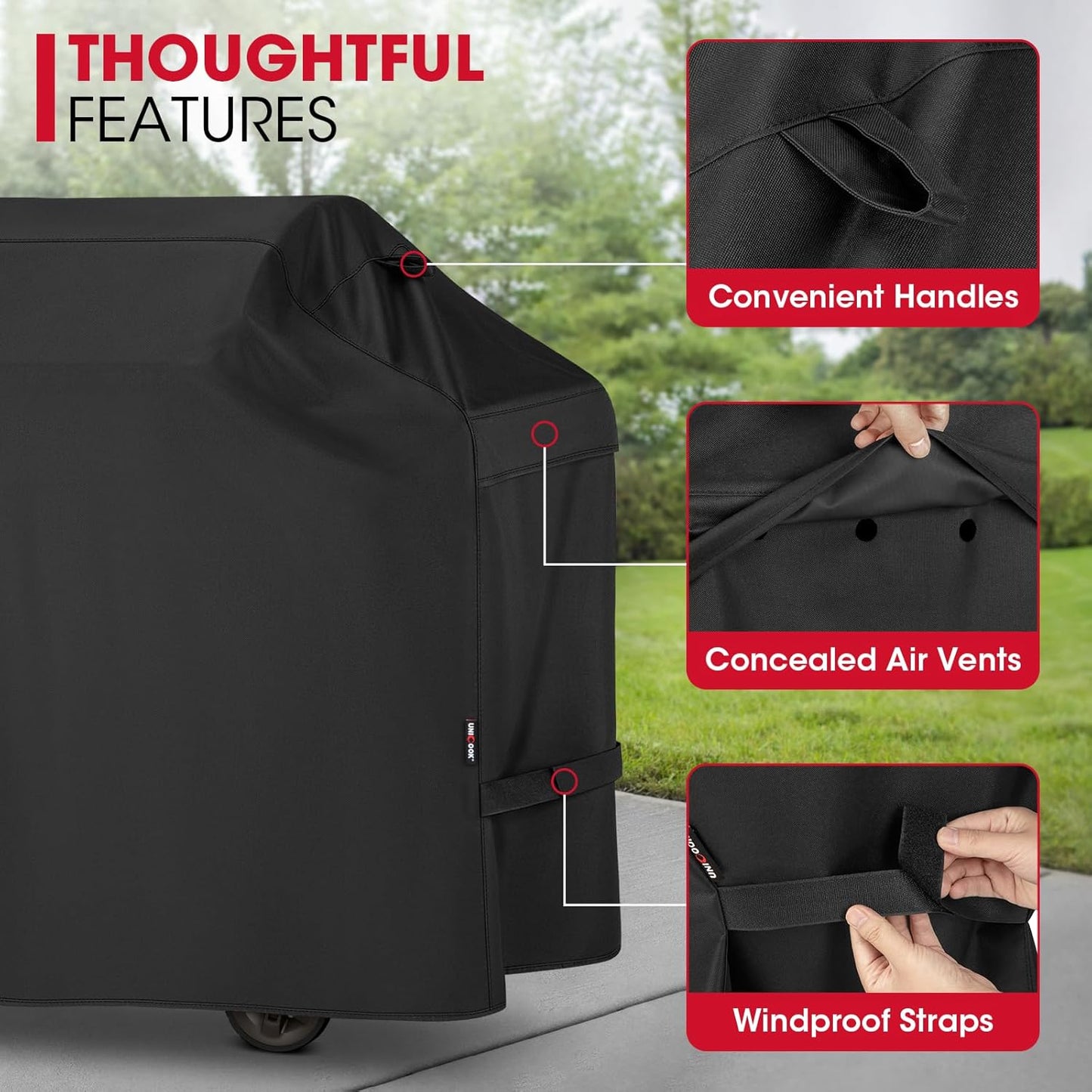 Unicook Grill Cover - 70 Inch Heavy Duty Waterproof BBQ Cover with Side Handles & Air Vents | Black