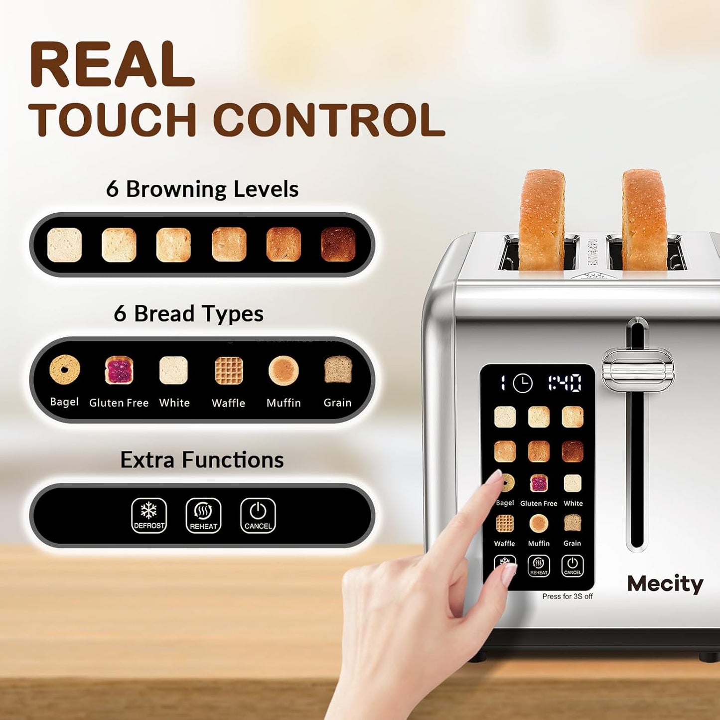 Mecity 2-Slice Stainless Steel Toaster - Touch Screen, 1.5" Wide Slots, Timer & Defrost Function