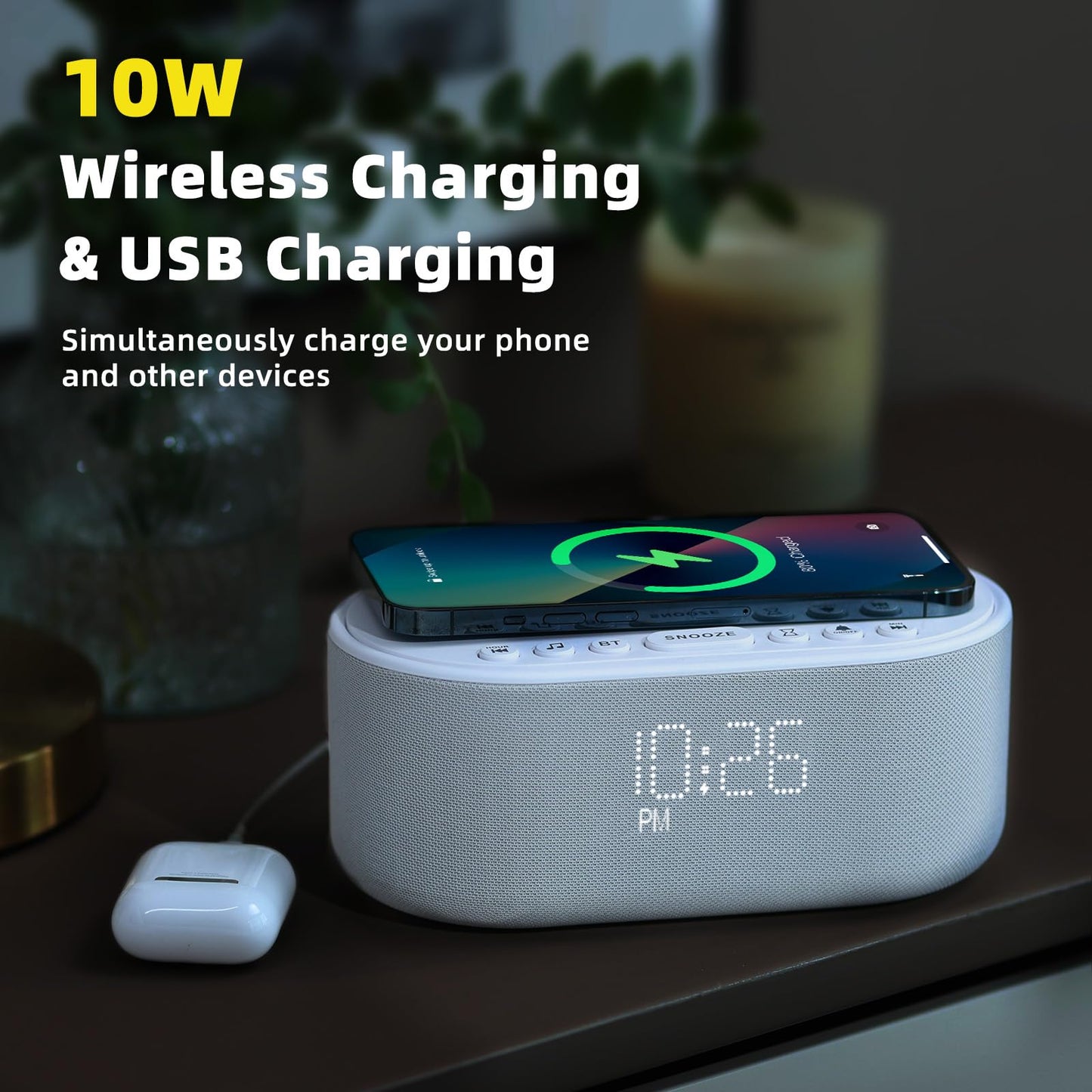Odokee Sound Machine Alarm Clock Wireless Charger: Bluetooth 10W Stereo Sound Speaker Bedroom - White Noise Machine for Sleeping with 21 Soothing Sounds