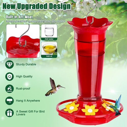 Gbekery 10 OZ Glass Hummingbird Feeders - Ant & Bee Proof, 6 Feeding Ports | Red 2 Pack Garden Décor Gifts
