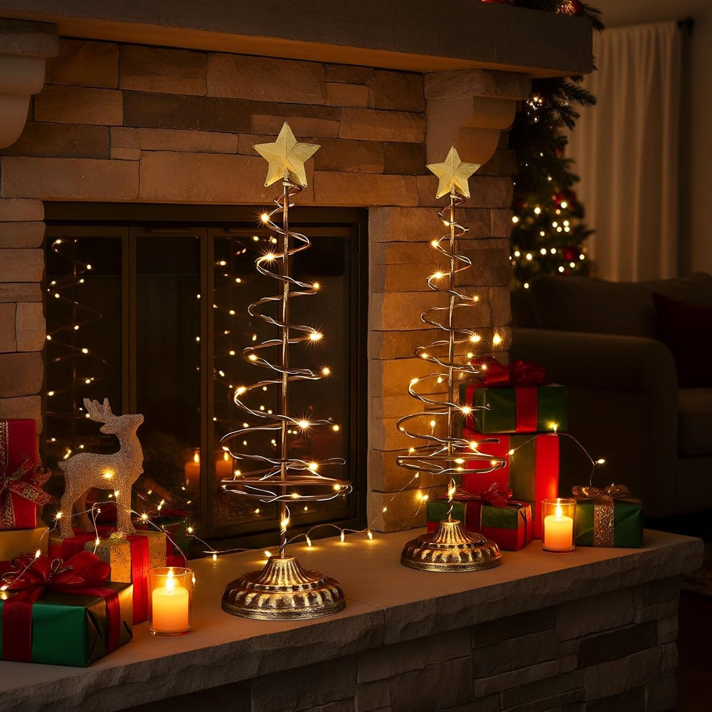 Skiennix Lighted Christmas Tree Table Decoration - Set of 2 Prelit Mini Trees with Golden Star | Battery Operated, Gold