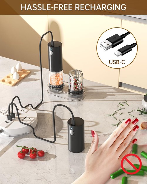 CIRCLE JOY Electric Salt and Pepper Grinder Set - Rechargeable Mills with 6-Level Coarseness Adjustment, LED Light & Storage Base - Black