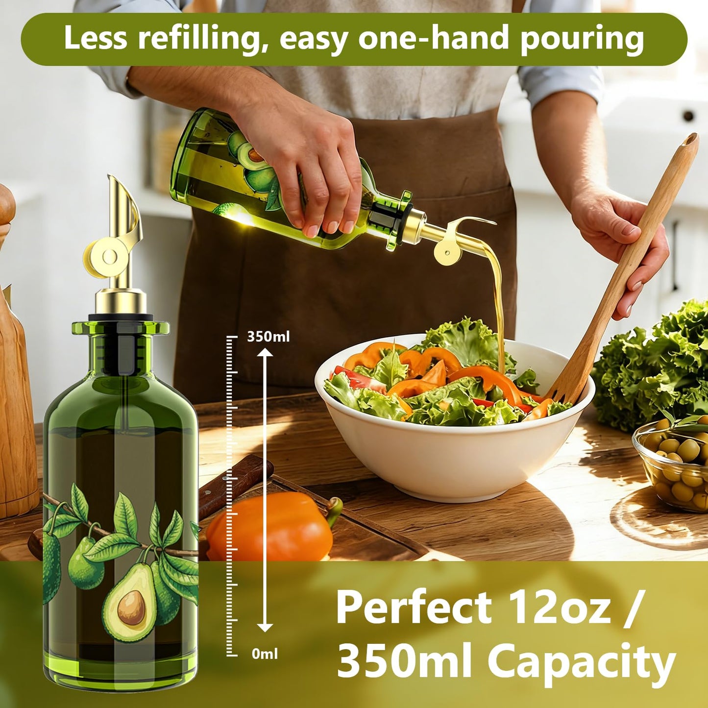EJGIEGSO Olive Oil Dispenser Bottle for Kitchen, 12oz/350ml Extra Thick Glass Oil and Vinegar Cruet with Stainless Steel Pourer, Funnel & Cleaning Brush, Premium Oil Dispenser Set (Avocado)