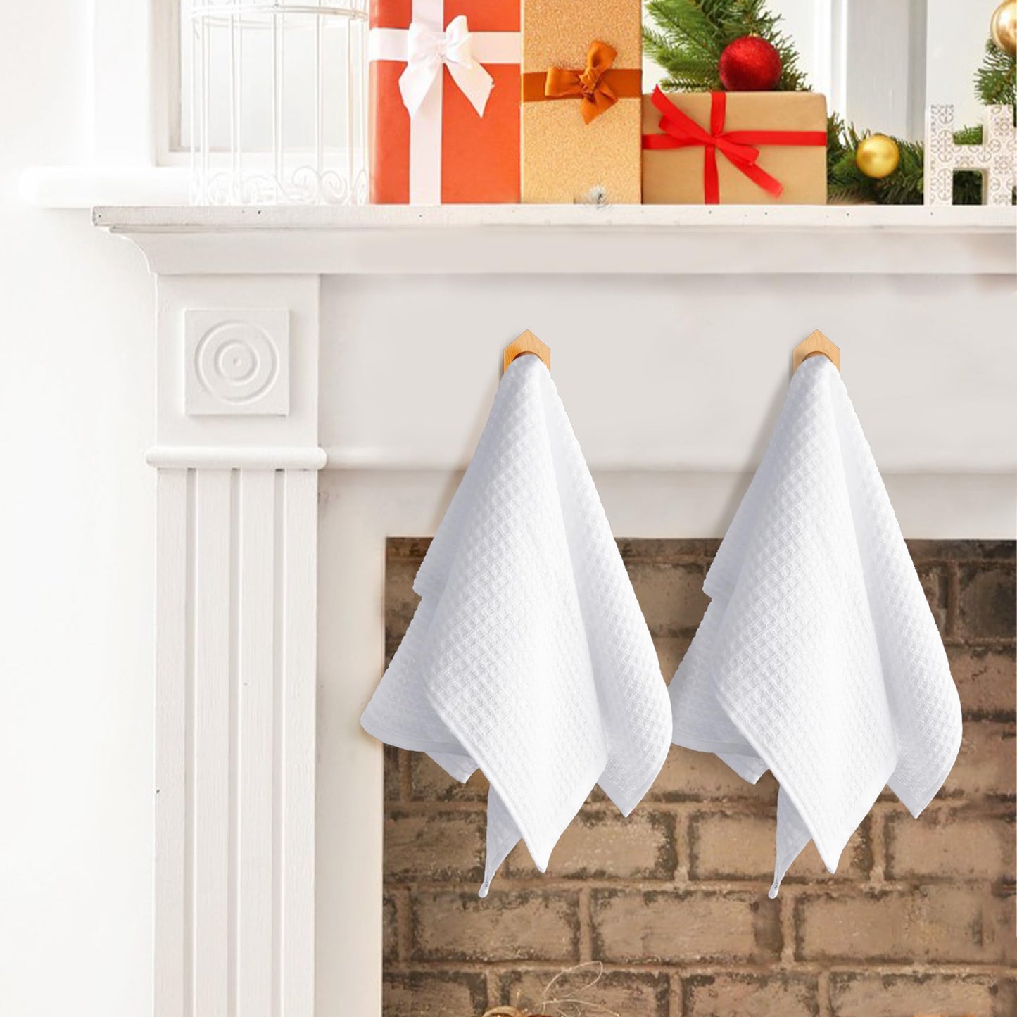 VOOVA & MOVAS White Dish Towels, Waffle Weave Kitchen Hand Towels 6PC - 100% Cotton | Soft | Absorb | Daily Use, Dish Towels for Kitchen，White Check with Yellow Stripe