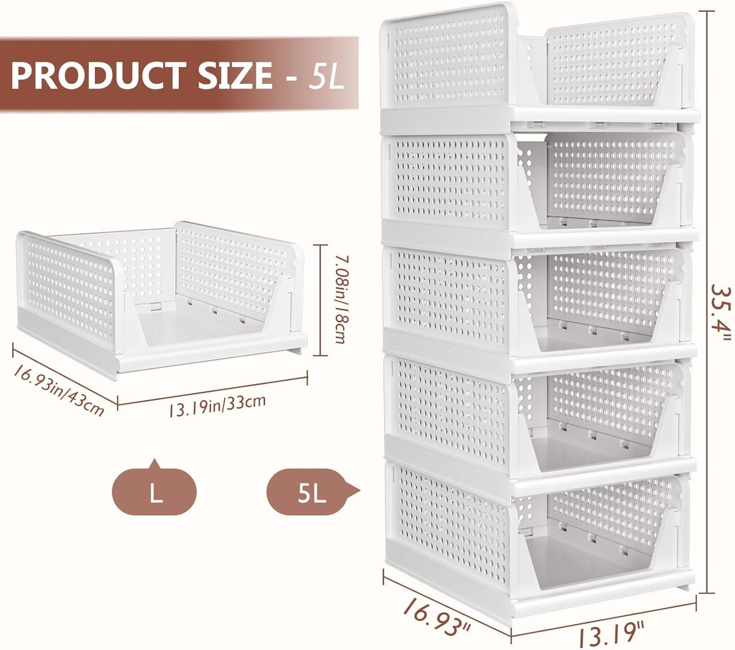 Skiennix 5 Pack Folding Closet Organizers - Stackable Plastic Storage Bins for Home & Office | White 5L