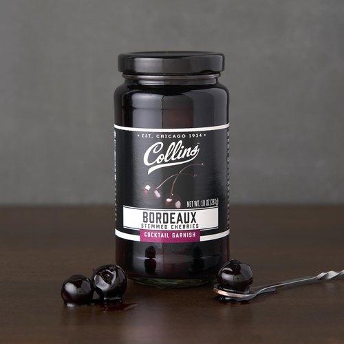 Collins Stemmed Black Cherries for Cocktails, Old Fashioned, Manhattan, and Whiskey Sour, Cocktail Cherry in Bordeaux Syrup, Garnish for Mocktails, Party Drinks, Baking, Desserts, 10 oz