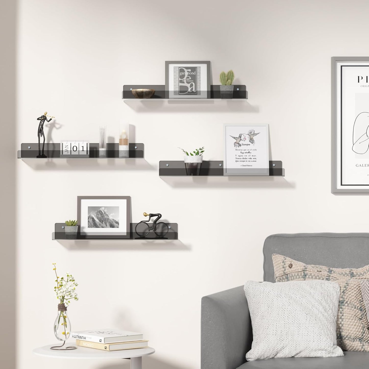 Upsimples Acrylic Wall Shelves - 15" Floating Display Shelf Set for Perfume & Books | Clear Black, 4 Pack