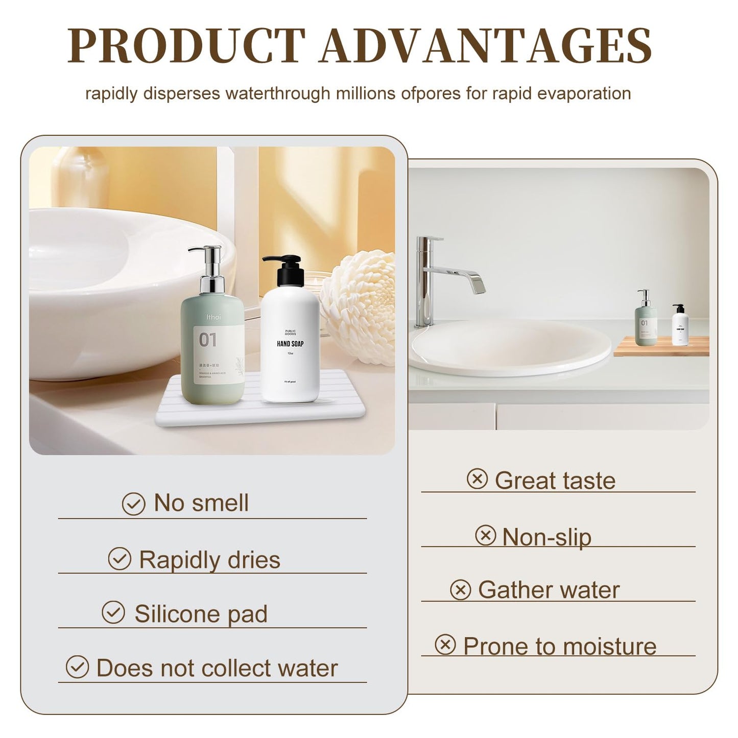 2 PCS Premium Diatomite Coasters with Grooved Design - Ultra Thirsty Absorbent Stone Tray for Soaps Dish, Plants, Toiletries - Keep Your Bathroom & Kitchen Counter Tops Dry & Tidy (8.27 x 3.94 Inches)