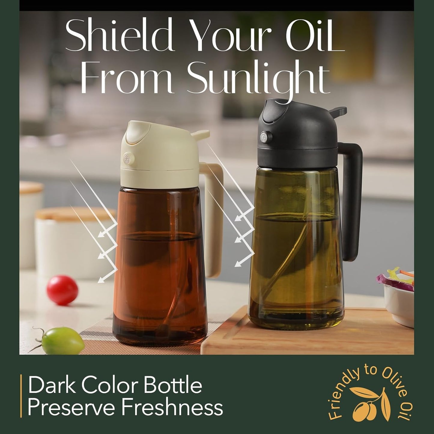 YARRAMATE Dark Green Glass Oil Sprayer - 16oz Light-Blocking 2-in-1 Olive Oil Dispenser for Cooking