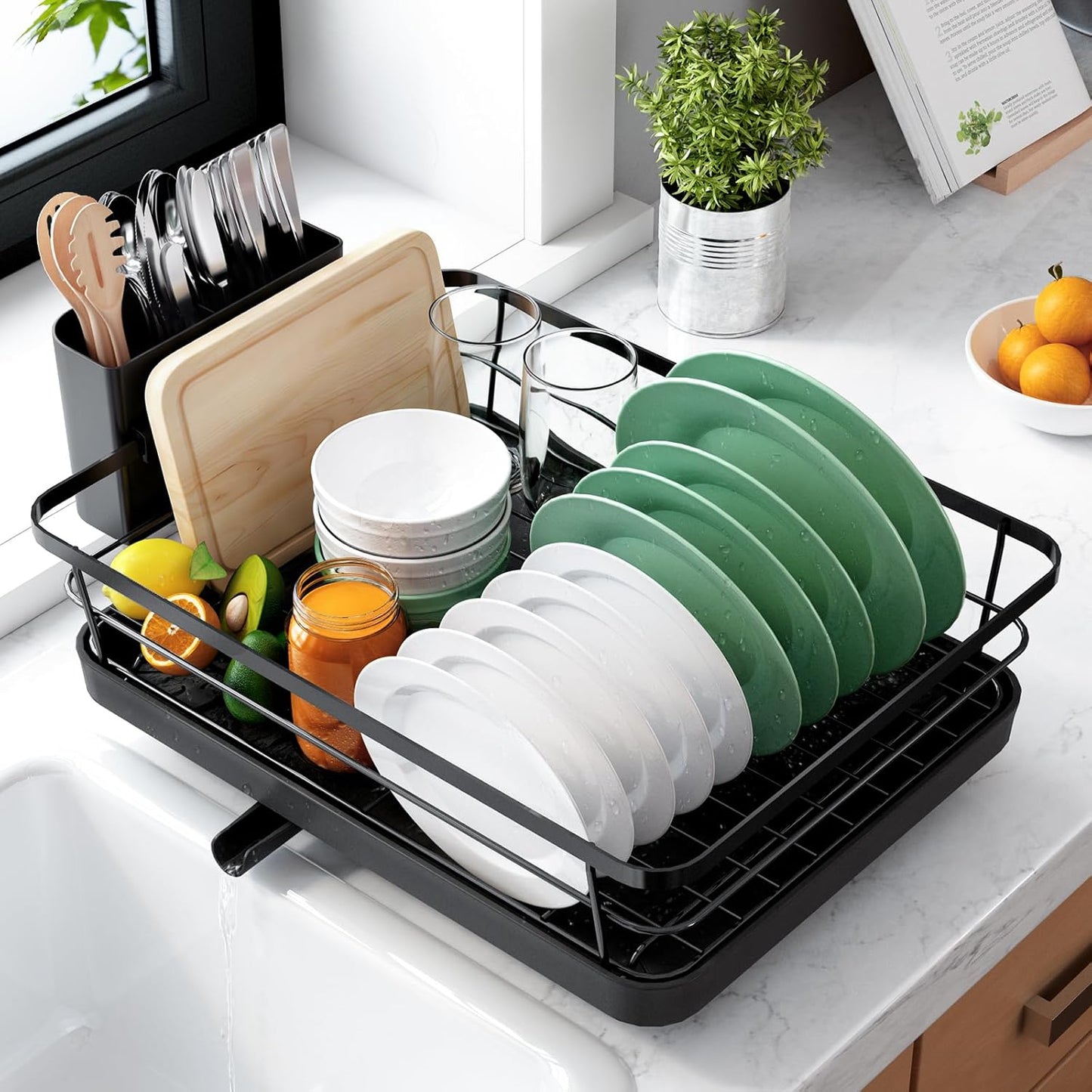 Kitsure Dish Drying Rack - Stainless Steel Kitchen Sink Organizer with Cutlery Holder | 12"W x 15.5"L, Black