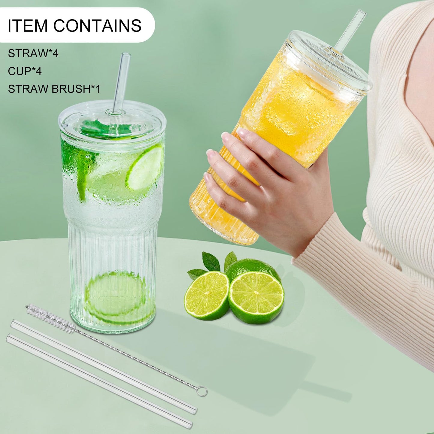Luiaiog Glass Cups with Lids and Glass Straws, High Borosilicate 20OZ Tumblers (4Pcs) for Coffee, Tea, Juice, Smoothies, Hot/Cold Drinks at Home, Office