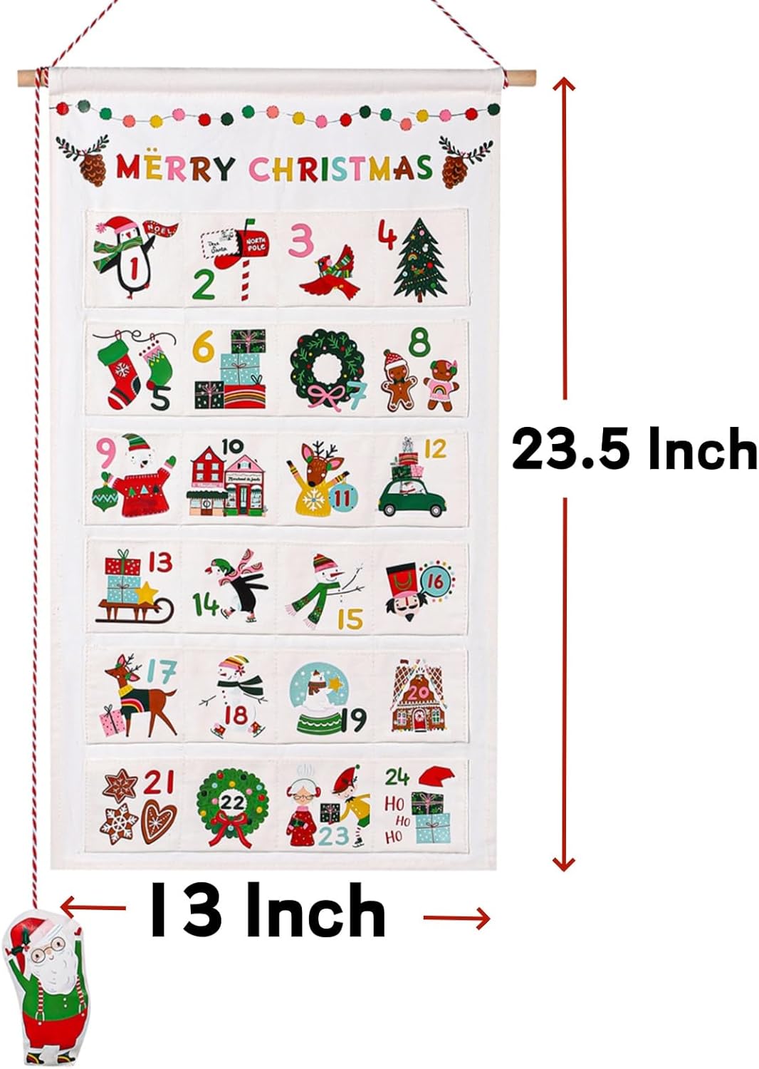 LYSXP Christmas Advent Calendar - 2025 Countdown Fabric Wall Hanging with 24 Pockets | 13x23.5 Inch & 15 Candy Bags