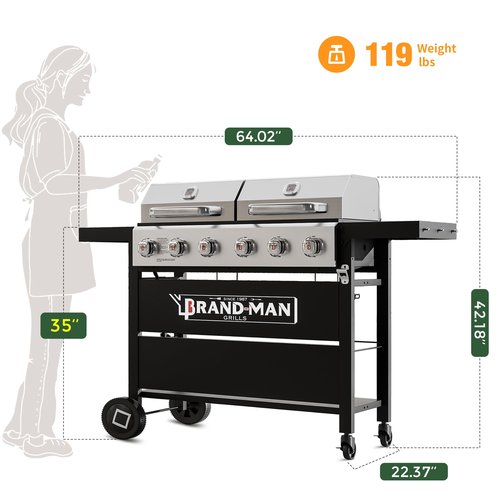 Brand-Man Griddle Grill Combo 6-Burner, 2 in 1 Versatile Propane Gas Grill and Griddle with Double Stainless Steel Lids, BBQ Combo for Outdoor Kitchen & Backyard Barbecue Cooking