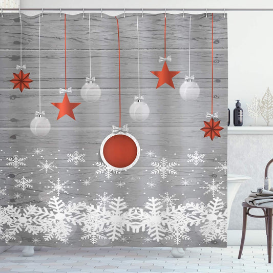 Traditional Christmas Shower Curtain Set with Hooks - Festive Stars & Snowflakes, 69x70" - Grey Red White