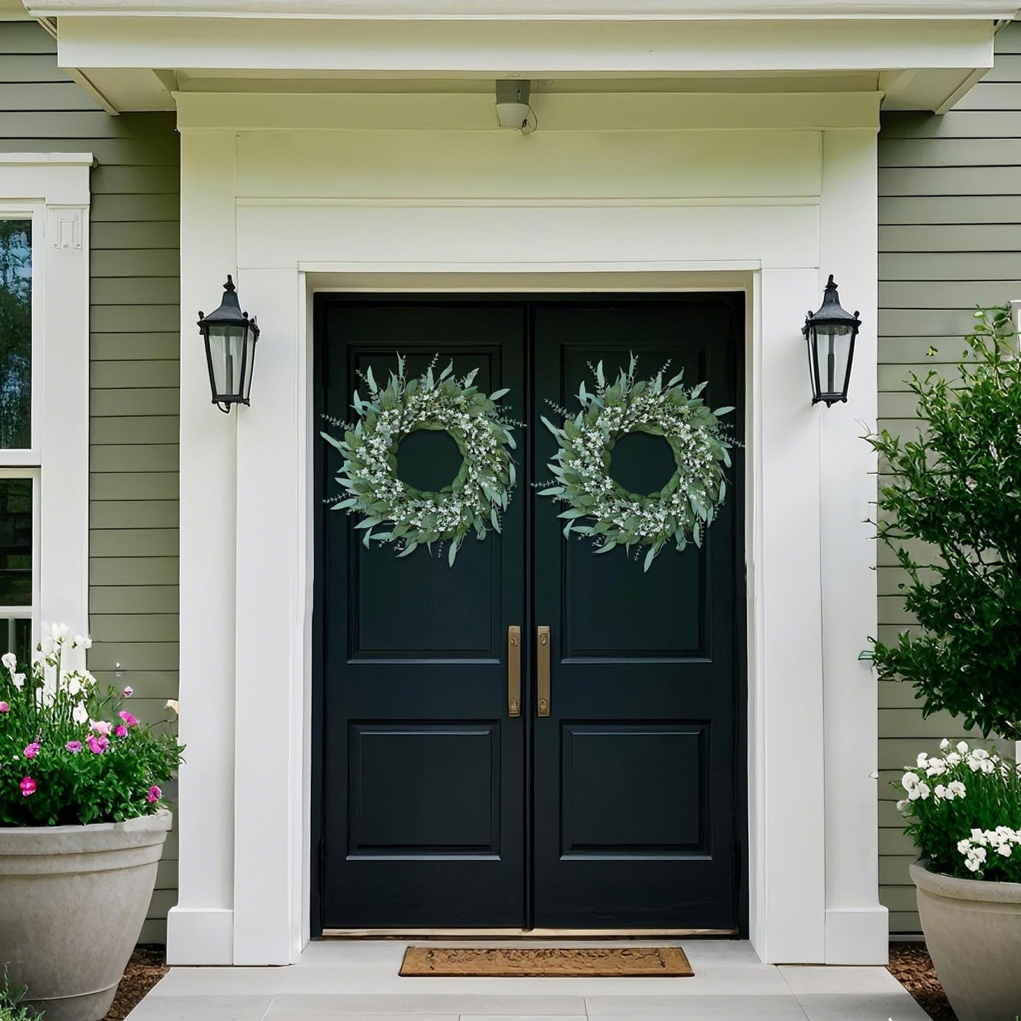 26'' Eucalyptus and Babys Breath Flowers Wreath for Front Door - Large Artificial Greenery Outdoor Wreath for Porch,Window,Farmhouse,Home,Hanging Decor- Spring, Summer, All Seasons (Green-White)