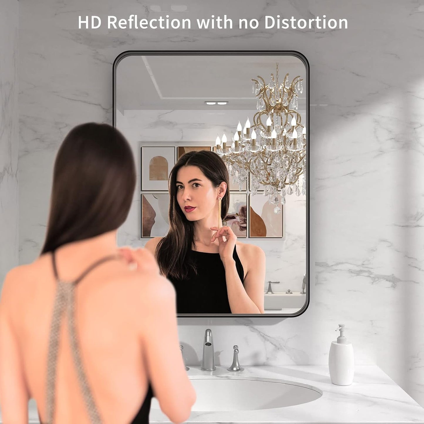 LOAAO Black Metal Framed Bathroom Mirror - 22x30 Inch Rounded Rectangle | Anti-Rust, Versatile Hanging Options