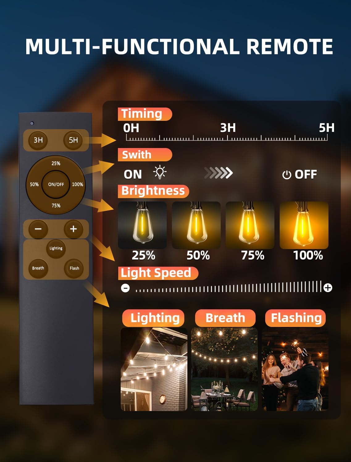 Skiennix Outdoor Patio String Lights - 100Ft Waterproof Remote Dimmable ST38 Bulbs | Perfect for Backyard Parties