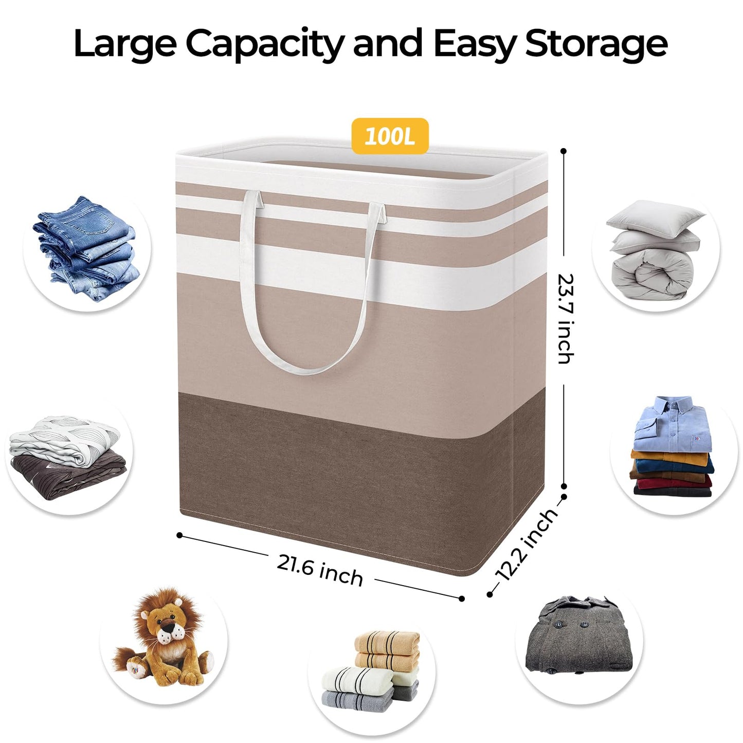 HomeHacks 2-Pack Large Laundry Basket, Waterproof, Freestanding Laundry Hamper, Collapsible Tall Clothes Hamper with Extended Handles for Clothes Toys in the Dorm and Family (Brown, 100L)