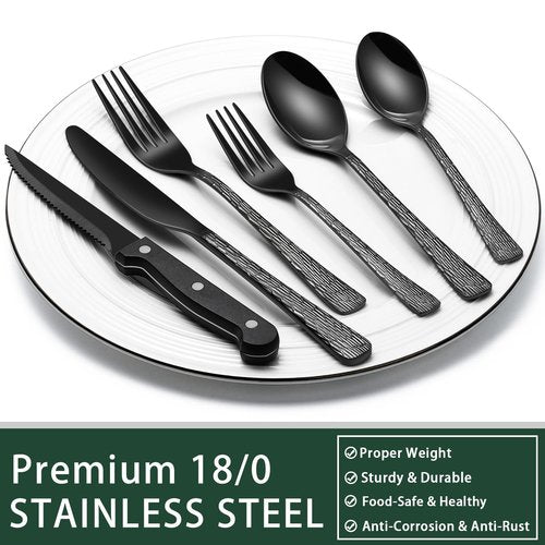 EWFEN 24-Piece Black Silverware Set with Steak Knives, Black Flatware Set for 4, Food-Grade Stainless Steel Tableware Cutlery Set, Mirror Finished Utensil Sets for Home Restaurant, Tree Pattern