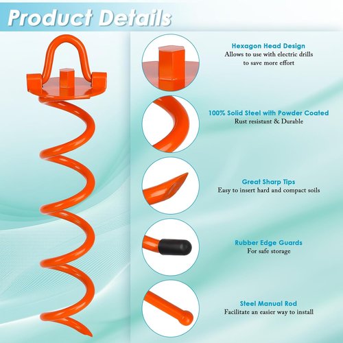 Feed Garden Heavy-Duty Spiral Ground Anchors - 12.2 Inch Stakes for Dogs, Tents, Trampolines | 4 Pack, Orange