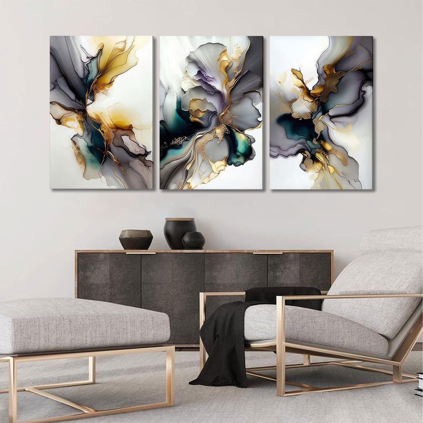 3pcs Black And Gold Abstract Canvas Wall Art Modern Texture Grey And Gold Marble Fluid Wall Decor Posters Prints Pictures for Living Room Bedroom Office Home Decoration Ready To Hang