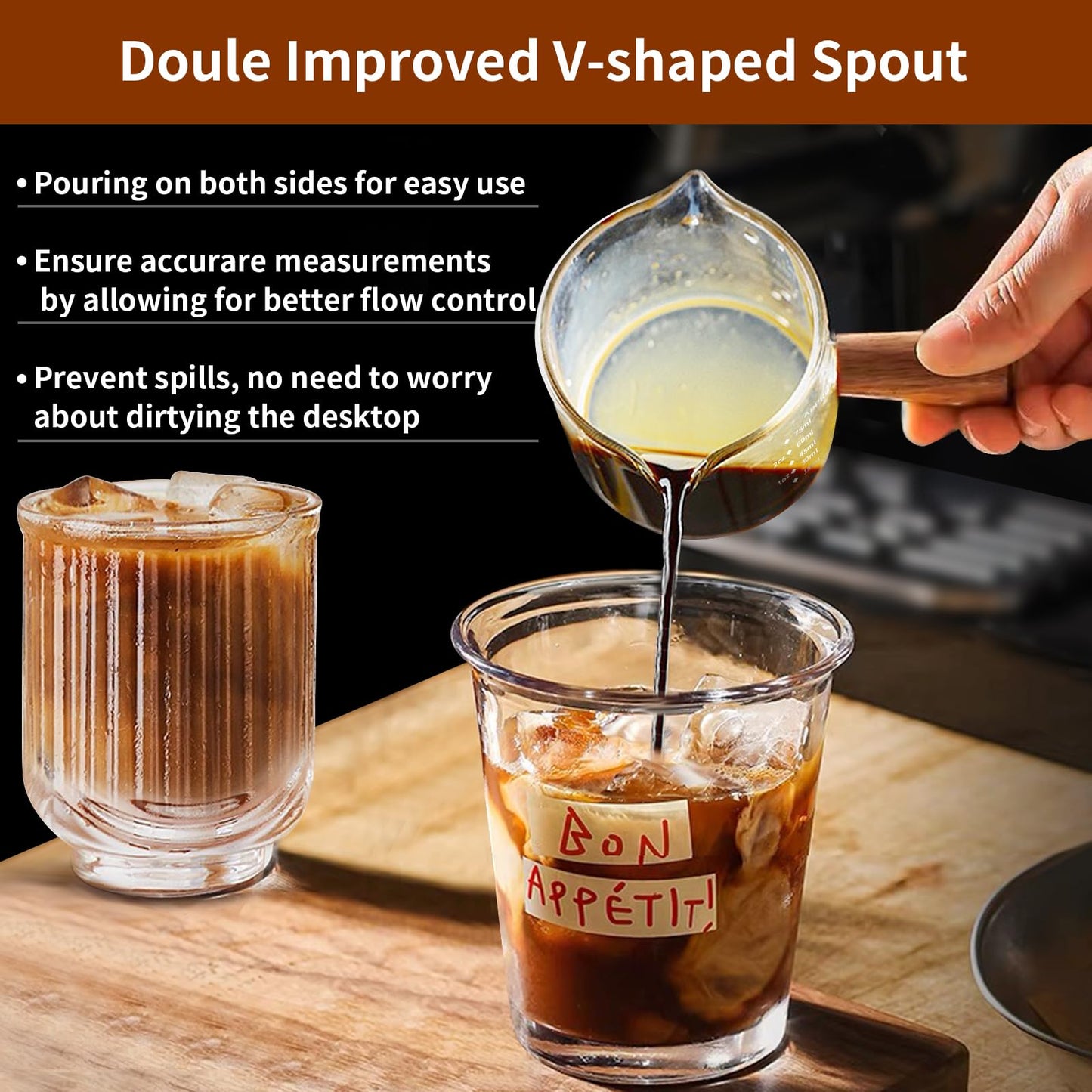 YARRAMATE 2.5 oz/75ML Espresso Cups with Wood Handle, Clear Glass Espresso Accessories, Double Spout Measuring Cup with Dual Scale, Espresso Shot Glass with V-Shaped Spout, Dishwasher Safe